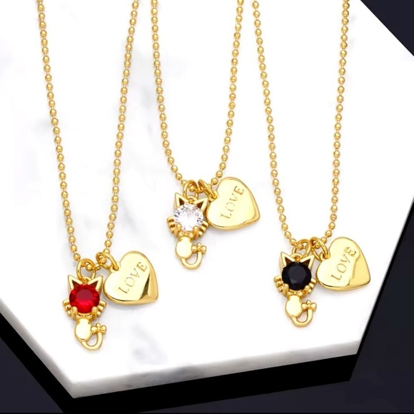 18K Gold Plated Cat & Heart “Love”Pendant Necklace With Black Gemstone Accent - Picture 4 of 5